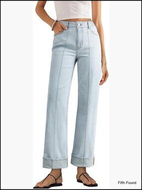 Wide Leg Cuffed Jeans High Waisted Baggy Stretchy Denim Pants with Pockets
